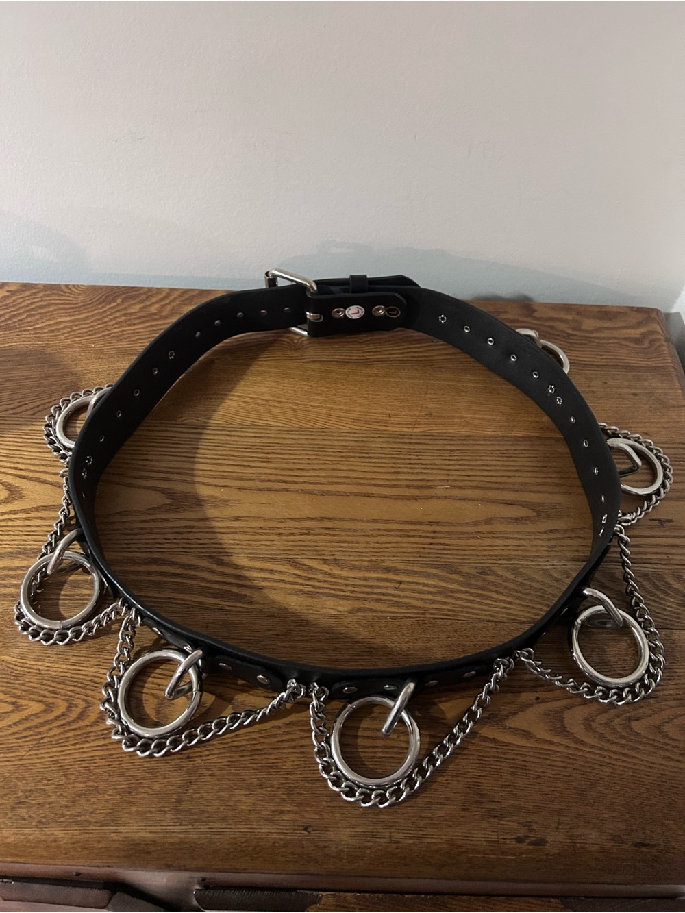 Black Leather Belt with Silver Rings and Chain Accents